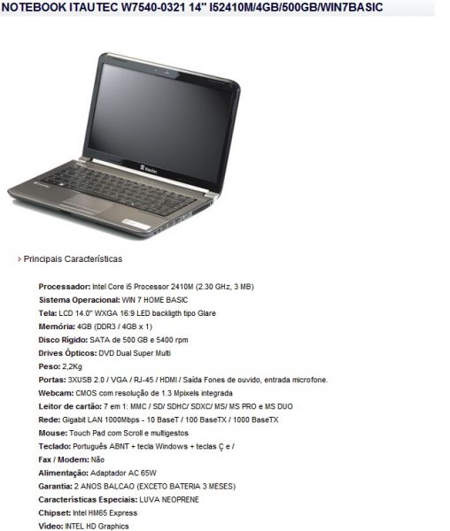 Notebook Itautec W7540